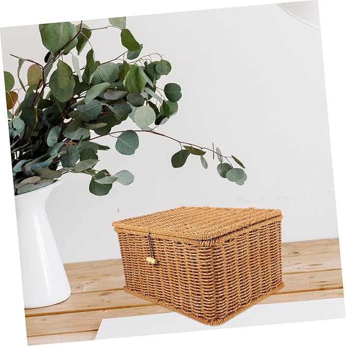 ABOOFAN Lidded Woven Storage Basket Handcrafted Imitation Rattan Box for Organizing Clothes Books and Miscellaneous Items Rustic Decor Light