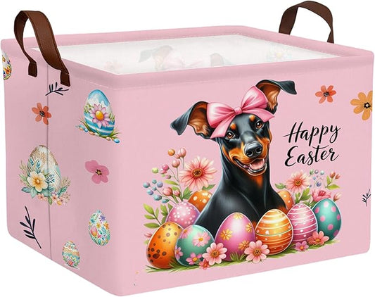 Kid Large Empty Easter Basket Gift Personalized Fabric Bunny Easter Basket for Boy and Girl Room Decor Storage Bin (Dog Easter Egg Pink)