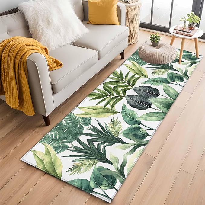 Runner Rug for Bedroom Hallway, Summer Green Tropical Palm Leaves Kitchen Runner Rugs Area Rug 2x6ft, Watercolor Plant Washable Soft Floor Carpet for Entryway Stair