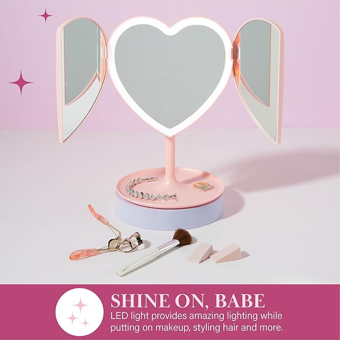 Paris Hilton Heart Makeup Vanity Mirror, LED Light with Touch Control, 180° Rotation, Tri-Fold Design, Tray Stand for Accessories, Pink