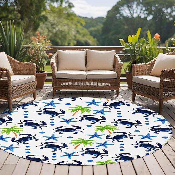 Washable Round Area Rug Abstract Blue Crab Starfish Circle Rugs Floor Carpet for Living Room Bedroom, Watercolor Palm Tree Soft Non Slip Round Rug 5ft