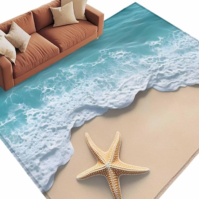 Area Rug 6x9ft, Beach Starfish Teal Sea Water Washable Rugs for Living Room Bedroom, Summer Ocean Theme Soft Non-Slip Area Rugs Rectangle Floor Carpet for Dining Room