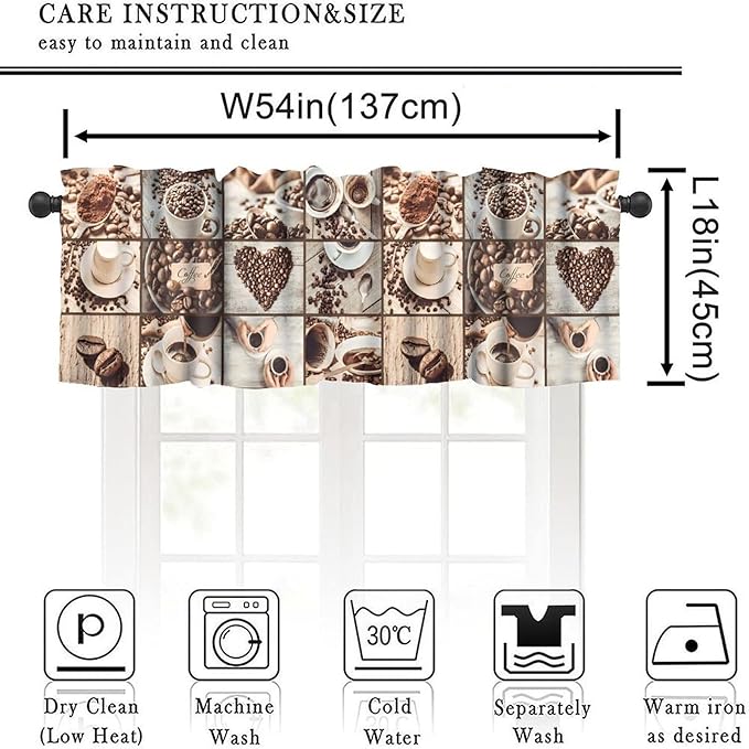 Coffee Kitchen Valance, Vintage Brown Coffee Beans Cups Heart Short Window Treatment for Cafe Kitchen Bedroom Living Room, 54x18Inch