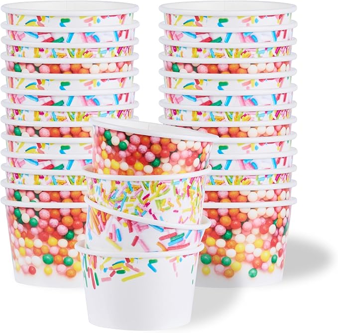 Restaurantware Paper Cups 200 Count 8 Ounce Square Disposable Ice Cream Containers, Leak-Resistant Paper Dessert To Go Cups, Hot And Cold Food, Durable Assorted Sprinkle Design