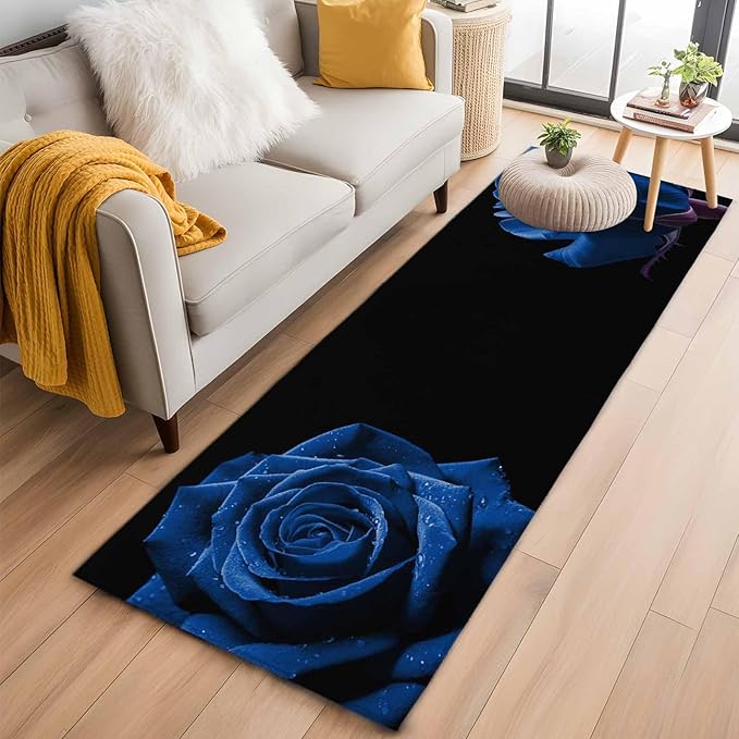 Runner Rug for Bedroom Hallway, Abstract Garden Blue Rose Kitchen Runner Rugs Area Rug 2x6ft, Classic Country Floral Washable Soft Floor Carpet for Entryway Stair