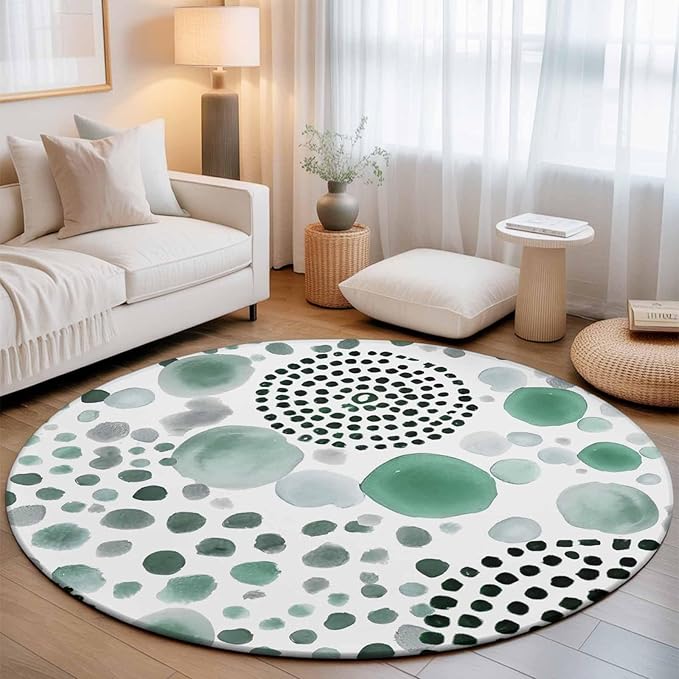 Washable Round Area Rug Abstract Teal Circles Circle Rugs Floor Carpet for Living Room Bedroom, Sage Green Geometric Round Soft Non Slip Round Rug 5ft