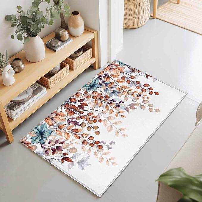 Area Rug 2x3ft, Fall Orange Watercolor Eucalyptus Leaves Washable Rugs for Living Room Bedroom, Fallen Leaf on White Soft Non-Slip Area Rugs Rectangle Floor Carpet for Dining Room