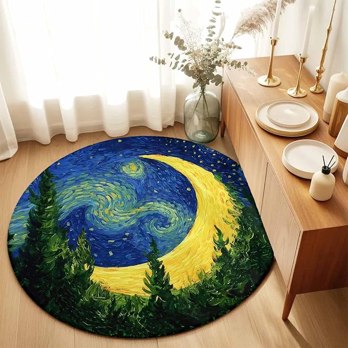 Washable Round Area Rug Giant Moon Forest Expressionist Art Circle Rugs Floor Carpet for Living Room Bedroom, Dreamy Night Navy Blue Soft Non Slip Round Rug 5ft