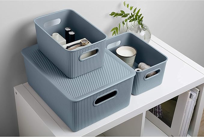 Superio Ribbed Decorative Plastic Home Storage Bins 2 Pack, Blue Organizer Baskets 15 Liter, Boxes for Organizing Closet Shelf (Bin with Lid- Large)