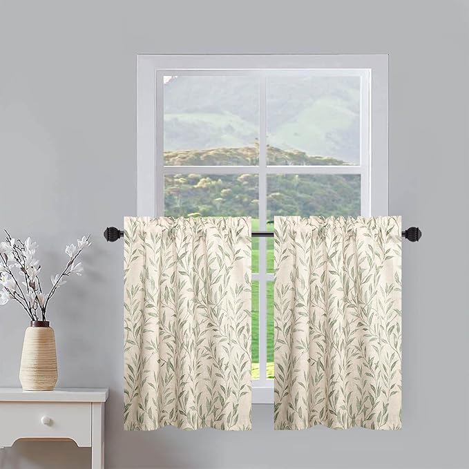 VOGOL Kitchen Curtains 30 Inch Length, Green Leaves Print Linen Texture Short Tier Curtains Rod Pocket Valances for Dining Room, 30x30, 2 Panels
