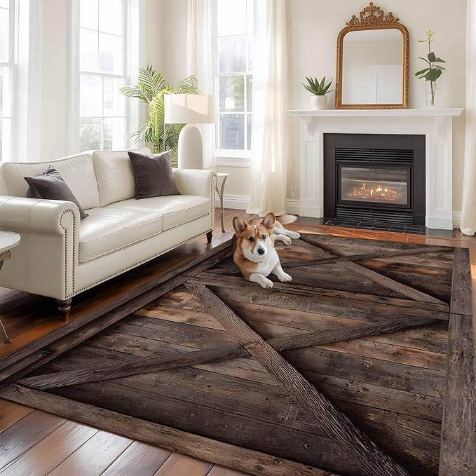 Area Rug 6x9ft, Vintage Farmhouse Barn Washable Rugs for Living Room Bedroom, Country Wooden Plank Soft Non-Slip Area Rugs Rectangle Floor Carpet for Dining Room