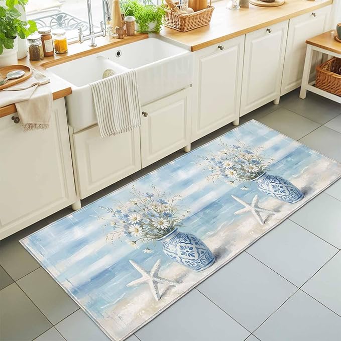 Runner Rug for Bedroom Hallway, Summer Beach Starfish Flower Kitchen Runner Rugs Area Rug 2x6ft, Marine Theme Daisy Vase Washable Soft Floor Carpet for Entryway Stair