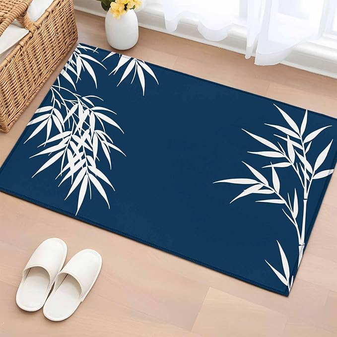 Area Rug 2x3ft, Country Leaf on Dark Blue Washable Rugs for Living Room Bedroom, Botanical Silhouette Minimalist Style Soft Non-Slip Area Rugs Rectangle Floor Carpet for Dining Room