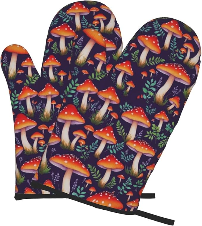 Mushroom Oven Mitts of 2-Pack Set, Funny Kitchen Gloves Heat Resistant Non-Slip Kitchen Mitts Safe Cooking Baking Grilling