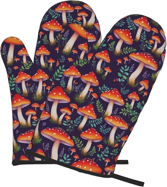 Mushroom Oven Mitts of 2-Pack Set, Funny Kitchen Gloves Heat Resistant Non-Slip Kitchen Mitts Safe Cooking Baking Grilling