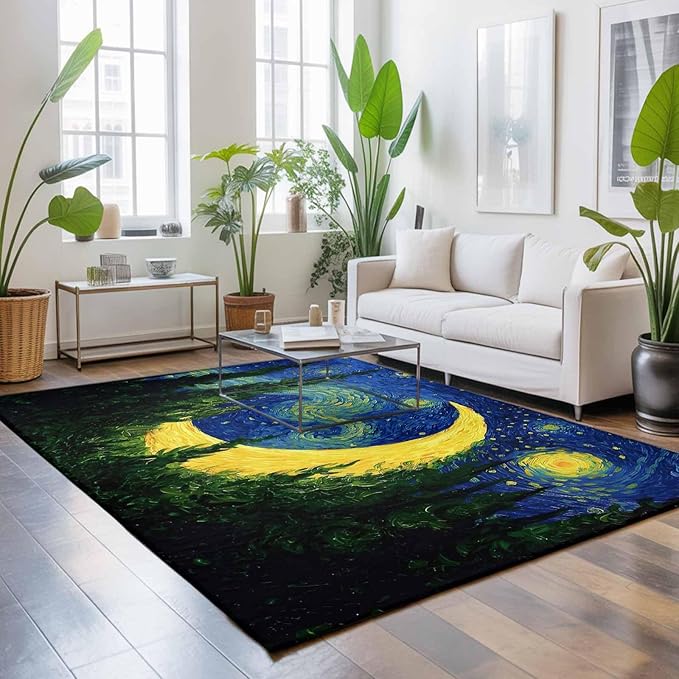 Area Rug 9x12ft, Giant Moon Forest Expressionist Art Washable Rugs for Living Room Bedroom Rectangle Floor Carpet, Dreamy Night Navy Blue Soft Non-Slip Area Rugs for Dining Room