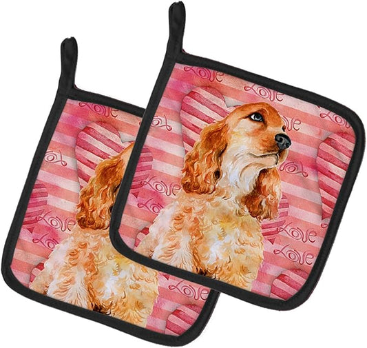Caroline's Treasures BB9793PTHD Cocker Spaniel Love Pair of Pot Holders, Red Kitchen Heat Resistant Pot Holders Sets Oven Hot Pads for Cooking Baking BBQ, 7 1/2 x 7 1/2