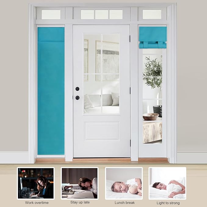 WdFour Door Curtains for Front Door & Window, Solid Color Sidelight Curtain with Tie Up Shade, 12W x 80L Inches, Blackout Covering for Glass Doors,1 Panel, Teal Blue.