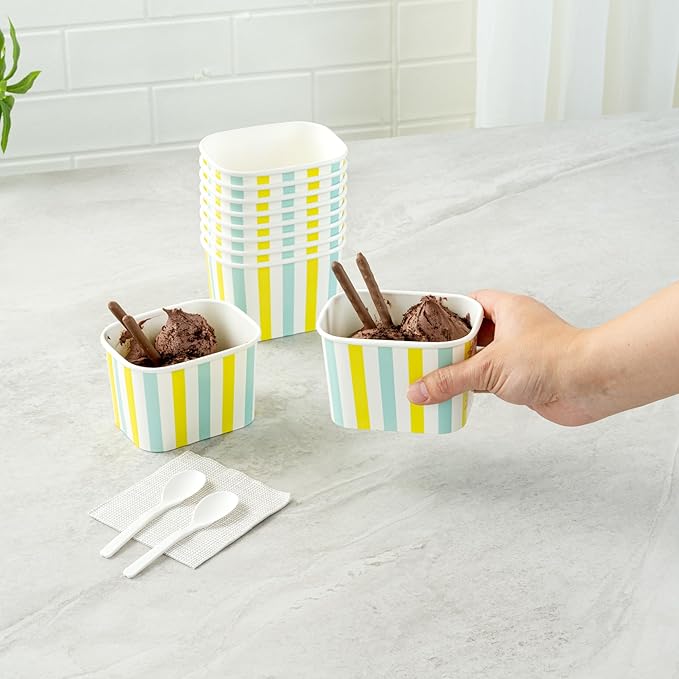 Coppetta 12 Ounce Dessert Cups, 50 Greaseproof Ice Cream Cups - Lids Sold Separately, For Hot And Cold Foods, Blue And Green Stripe Paper Yogurt Bowls, Disposable, Sturdy - Restaurantware