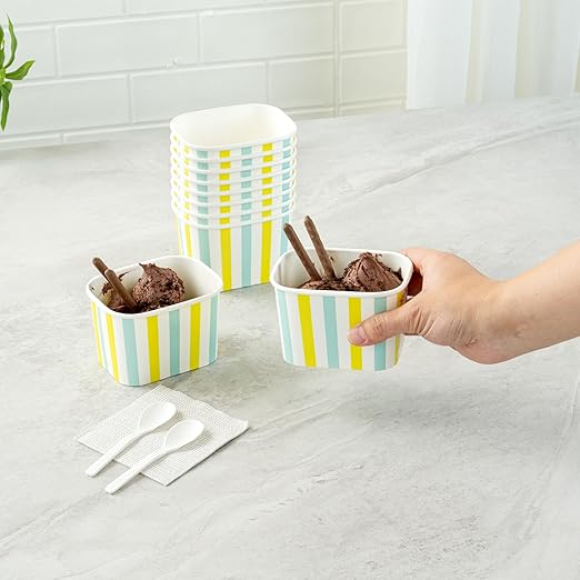 Restaurantware Paper Cups 200 Count 12 Ounce Square Disposable Ice Cream Containers, Leak-Resistant Paper Dessert To Go Cups, Hot And Cold Food, Durable Blue And Green Stripe Design