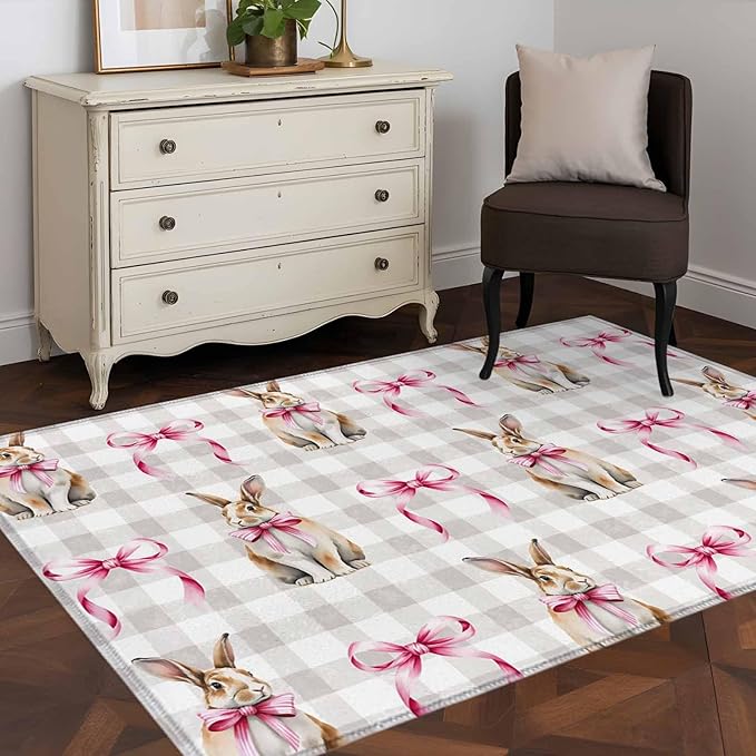 Area Rug 3x5ft, Easter Rabbit Pink Bow Washable Rugs for Living Room Bedroom, Seamless Bunny Gray Buffalo Plaid Soft Non-Slip Area Rugs Rectangle Floor Carpet for Dining Room