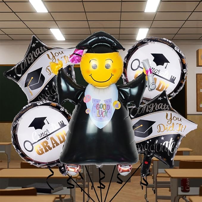 Graduation Foil Balloons Giant 40 Inch Smiling Face Doctor Congratulations Grad Mylar Balloons Class of 2025 College High School Graduation Party Decorations Supplies 5Pcs