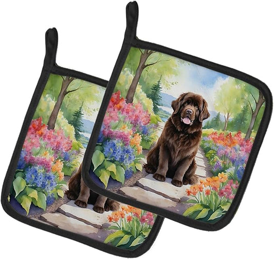 Caroline's Treasures Newfoundland Spring Path Pair of Pot Holders Kitchen Heat Resistant Pot Holders Sets Oven Hot Pads for Cooking Baking BBQ, 7 1/2 x 7 1/2