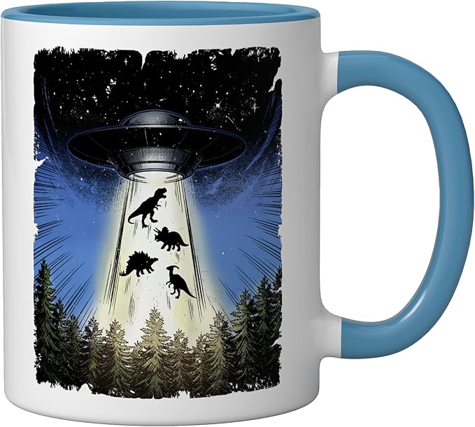 UFO Dinosaur Alien Abduction Flying Saucer Conspiracy Ceramic Mug, Blue/White