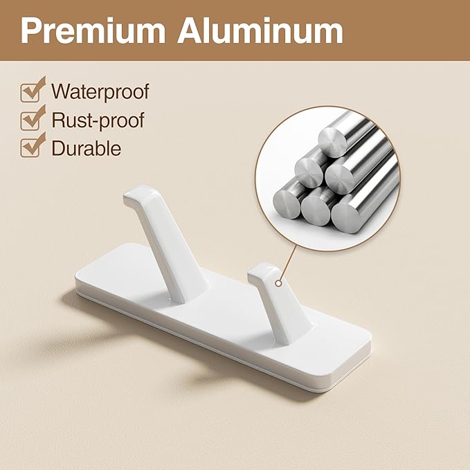 Self Adhesive Wall Hooks for Hanging: 13 LB Strong Hold, Sticky Hangers for Coat, Towels, Purse, Keys, Jacket, Bag - for Wall, Door, Bathroom, Shower, Kitchen - Stainless Metal, White, 4 Pack