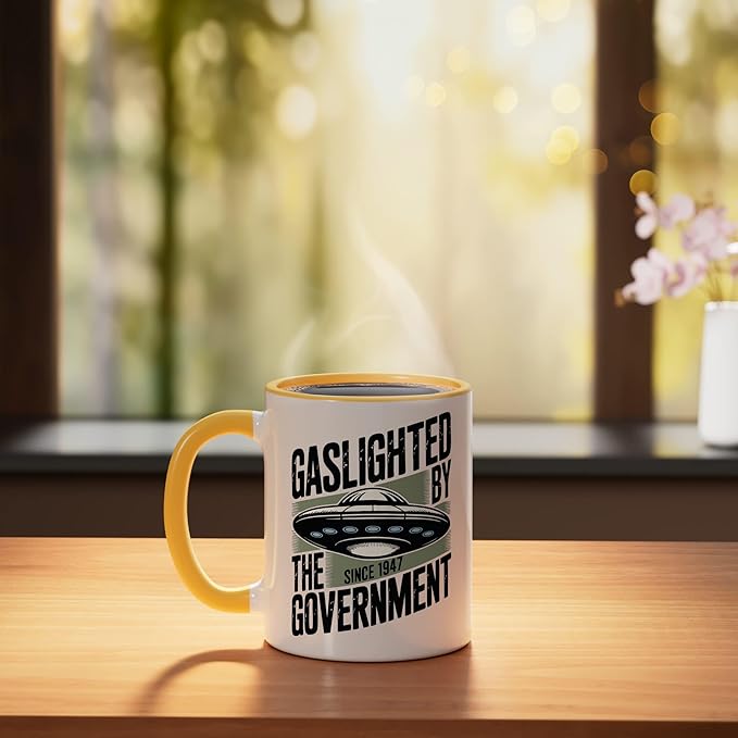 UFO Cover Up Gaslighted by the Government 1947 Ceramic Mug, Yellow/White