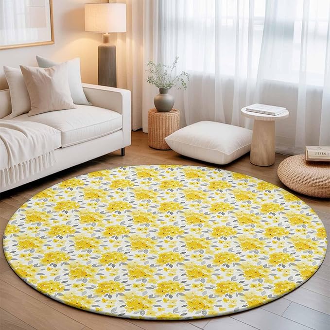 Washable Round Area Rug Summer Pastoral Yellow Flower Circle Rugs Floor Carpet for Living Room Bedroom, Country Floral Leaf Theme Soft Non Slip Round Rug 5ft