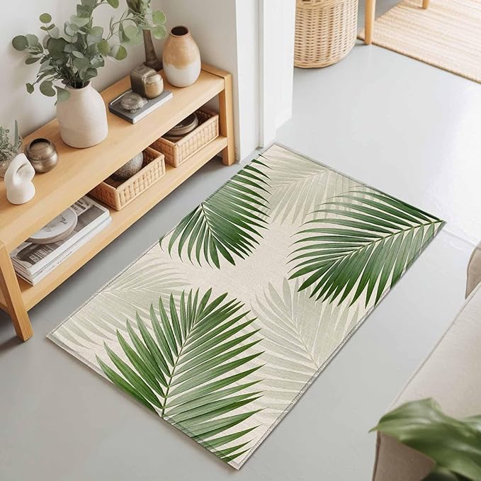 Area Rug 2x3ft, Rustic Sage Green Palm Leaves on Linen Washable Rugs for Living Room Bedroom, Summer Plants Soft Non-Slip Area Rugs Rectangle Floor Carpet for Dining Room