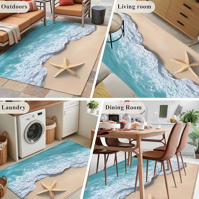 Area Rug 4x6ft, Beach Starfish Teal Sea Water Washable Rugs for Living Room Bedroom, Summer Ocean Theme Soft Non-Slip Area Rugs Rectangle Floor Carpet for Dining Room