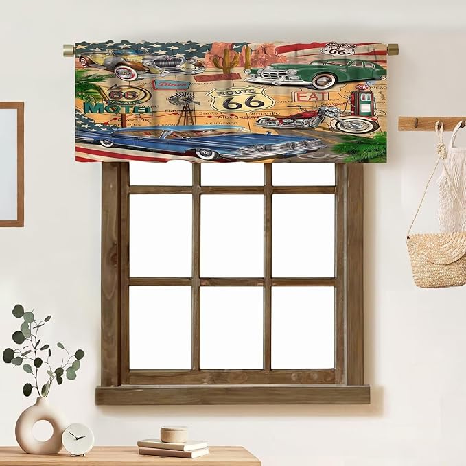 Vintage Car Valance Curtain Old Classic Car Theme American Vintage Diner Motorcycle Rod Pocket Valance Window Treatments Short Curtains for Kitchen Bathroom Farmhouse 54x18inch