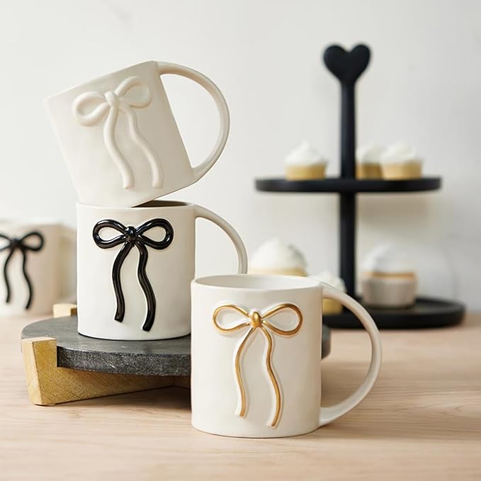 Santa Barbara Design Studio Gift Coffee Mugs Embossed Bow with Wide Handle Ceramic Coffee or Tea Cup, 16-Ounce, Gold