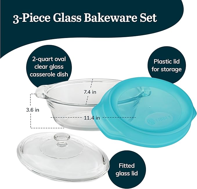 Libbey Baker’s Premium 3 Piece Glass Baking Dish Set, Stackable, Space Saving Casserole Dish with Lid Set, Baking Glassware for Casseroles, Desserts
