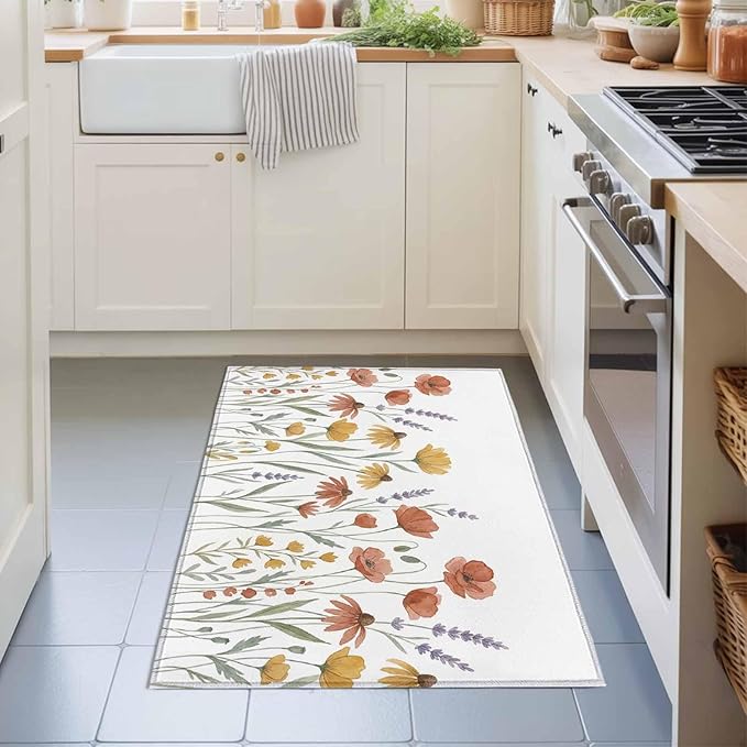 Area Rug 2x3ft, Watercolor Daisies Lavender Washable Rugs for Living Room Bedroom, Country Floral Art Soft Non-Slip Area Rugs Rectangle Floor Carpet for Dining Room
