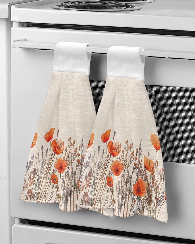 Alandar Home Kitchen Tie Towel Set of 1, Watercolor Garden Flower Plant Absorbent Soft Hand Towels for Bathroom Hanging Towels, Blossom Poppy Floral on Burlap Fast Drying Cleaning Cloth with Loop