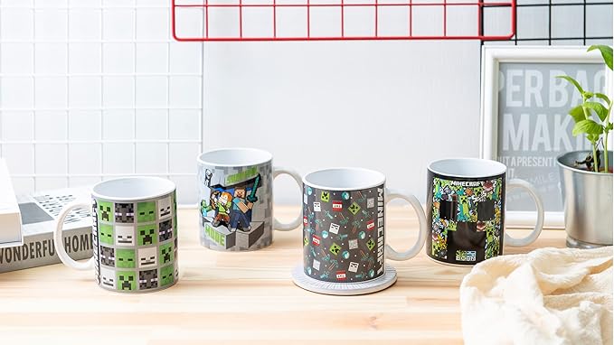 Zak Designs Minecraft Mug Unique Ceramic Coffee Cup Set, Can Coffee Mugs with Comfortable Handle for Gamer Gifts, Dishwasher and Microwave Safe (11.5 oz, 4-Piece Set)