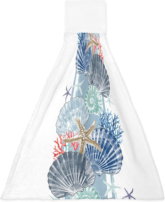 Alandar Home Kitchen Tie Towel Set of 1, Ocean Shells Starfish Coral Absorbent Soft Hand Towels for Bathroom Hanging Towels, Watercolor Marine Life Fast Drying Cleaning Cloth with Loop