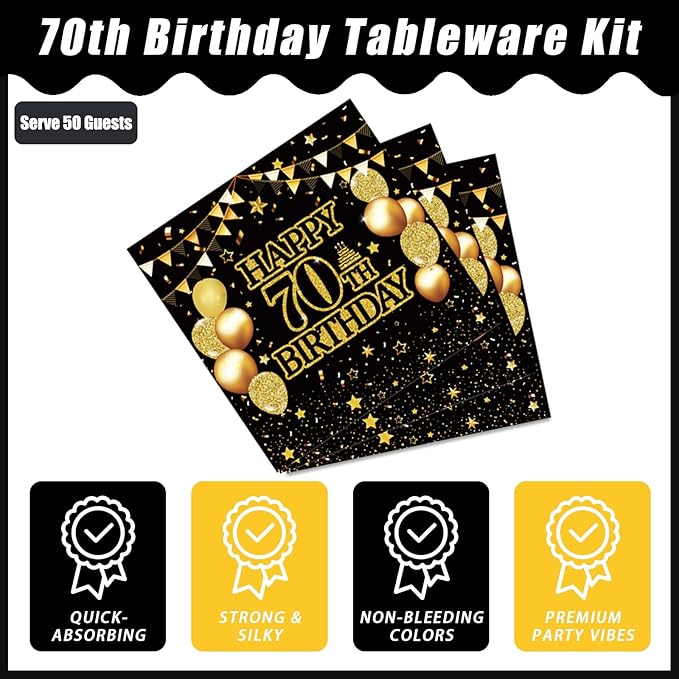 Kepeel 200Pcs 70th Birthday Party Tableware Set, Back in 1956 Birthday Party Decorations Supplies for Men Women Cheers to 70 Years Disposable Paper Plates Napkins Forks Favors, Serve 50