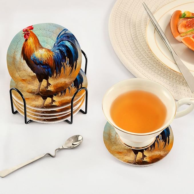 YETTASBIN Rooster 6 Pcs Drink Coasters with Holder, Cotton Woven Absorbent Heat-Resistant Round Coaster Non-Slip Table Mat for Kitchen Bar Home Decor Housewarming Gift, 3.9 in