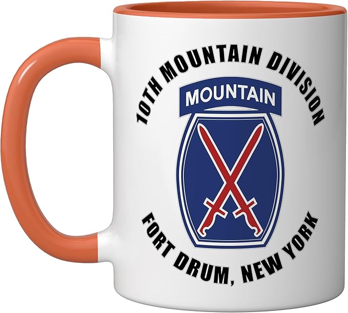 10th Mountain Division Fort Drum New York Veteran Ceramic Mug, Orange/White