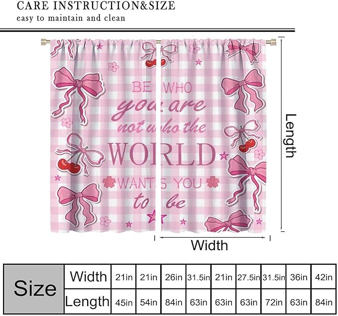 Pink Bow Blackout Curtain,Girls Modern Cherry Plaid Floral Star Abstract Window Curtains for Kitchen Bedroom Cafe Dining Room Office Living Room Drapes Decor,42x45 in