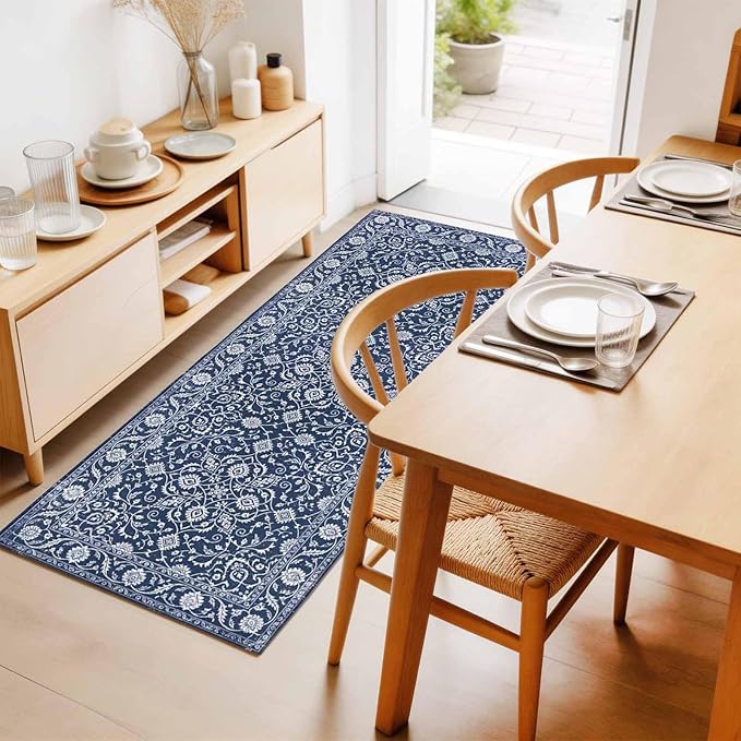 Runner Rug for Bedroom Hallway, Navy Blue Paisley Floral Texture Kitchen Runner Rugs Area Rug 2x6ft, Vintage Tribe Flower Washable Soft Floor Carpet for Entryway Stair