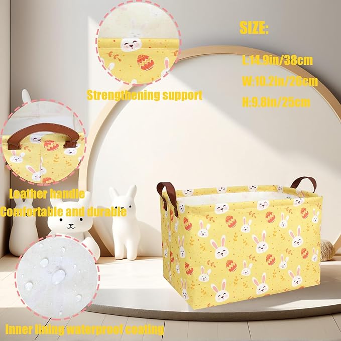 Large Rectangular Cute Kid Easter Basket Empty Bunny Eggs Easter Basket Gift Spring Room Storage Organizer Décor (Rabbit Egg Yellow Background)