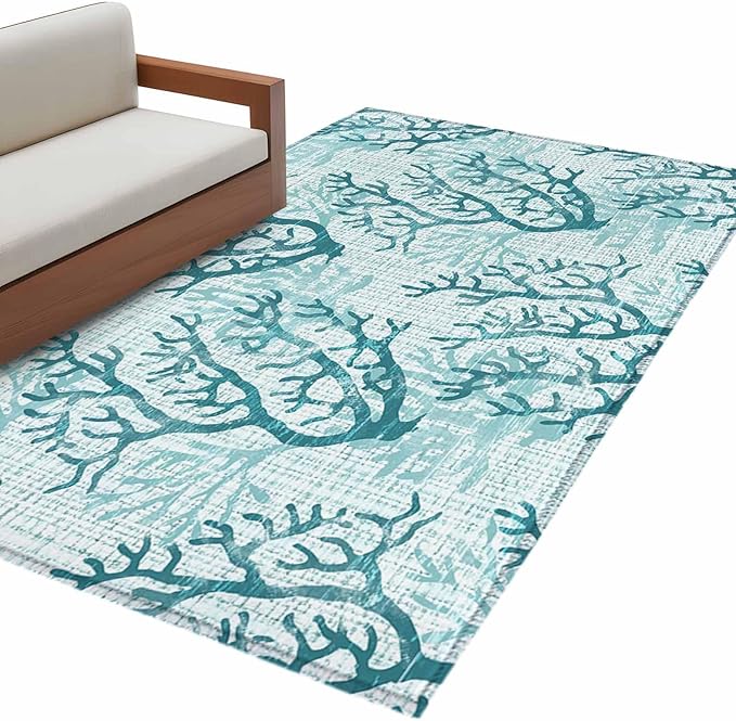 Area Rug 4x6ft, Coastal Sea Coral Retro Linen Washable Rugs for Living Room Bedroom, Underwater Ocean Life Soft Non-Slip Area Rugs Rectangle Floor Carpet for Dining Room