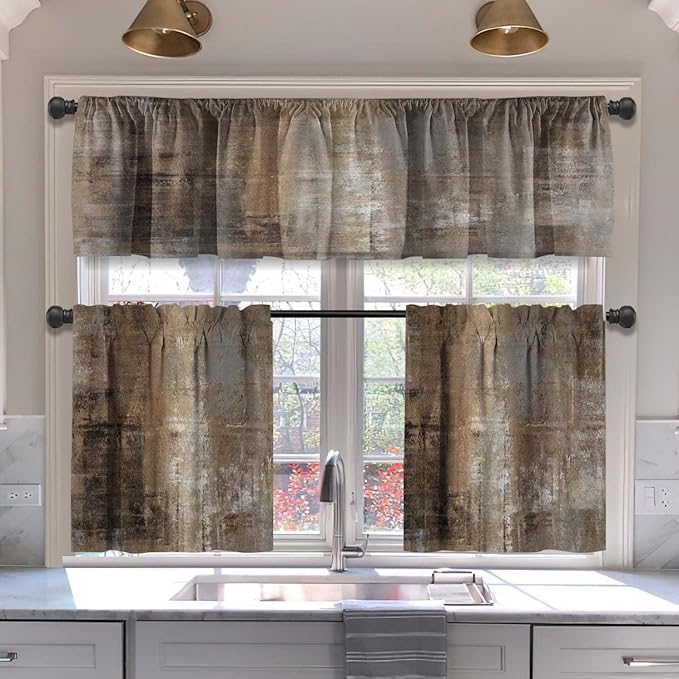 MCALK Brown Blackout Kitchen Curtains Tiers and Valances for Windows, Grey Kitchen Window Curtains, Modern Abstract Art Valances for Living Room (36" Tiers Set)