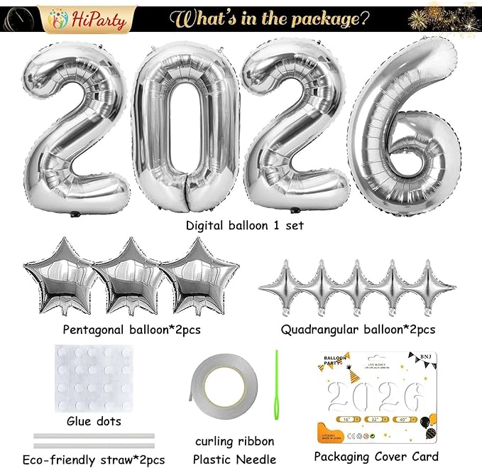 Upgraded, 42in Large 2026 Balloons Numbers, with 8pcs Star Balloon and Accessories, 3D Premium Aluminum Foil, Graduation Balloons for Graduation Decorations 2026, Grad Party Decorations, Silver