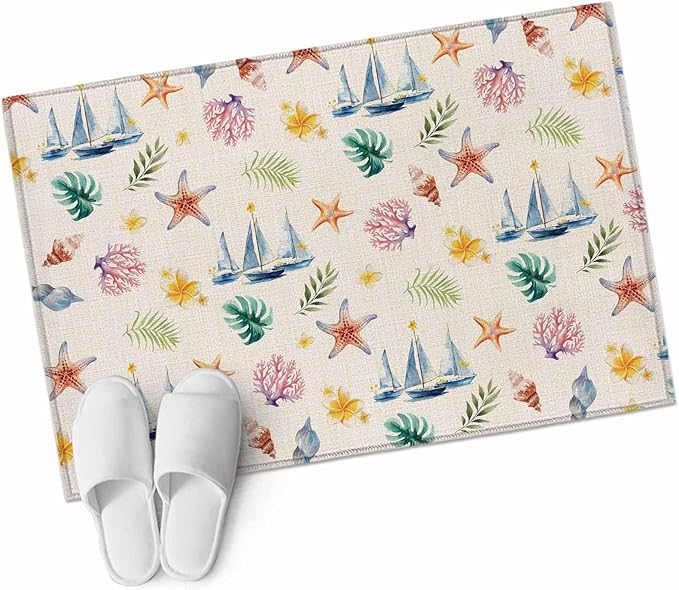 Area Rug 2x3ft, Summer Sea Starfish Sailboat Washable Rugs for Living Room Bedroom, Marine Life Coral on Linen Soft Non-Slip Area Rugs Rectangle Floor Carpet for Dining Room